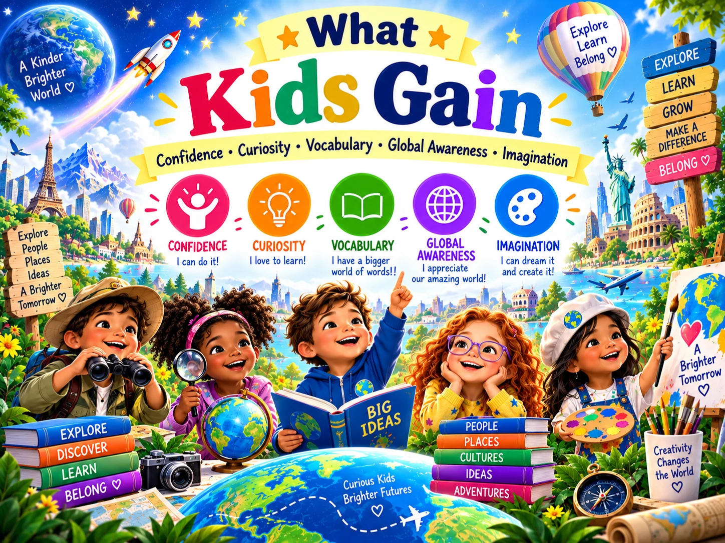 What Kids Gain: confidence, curiosity, vocabulary, global awareness, and imagination.