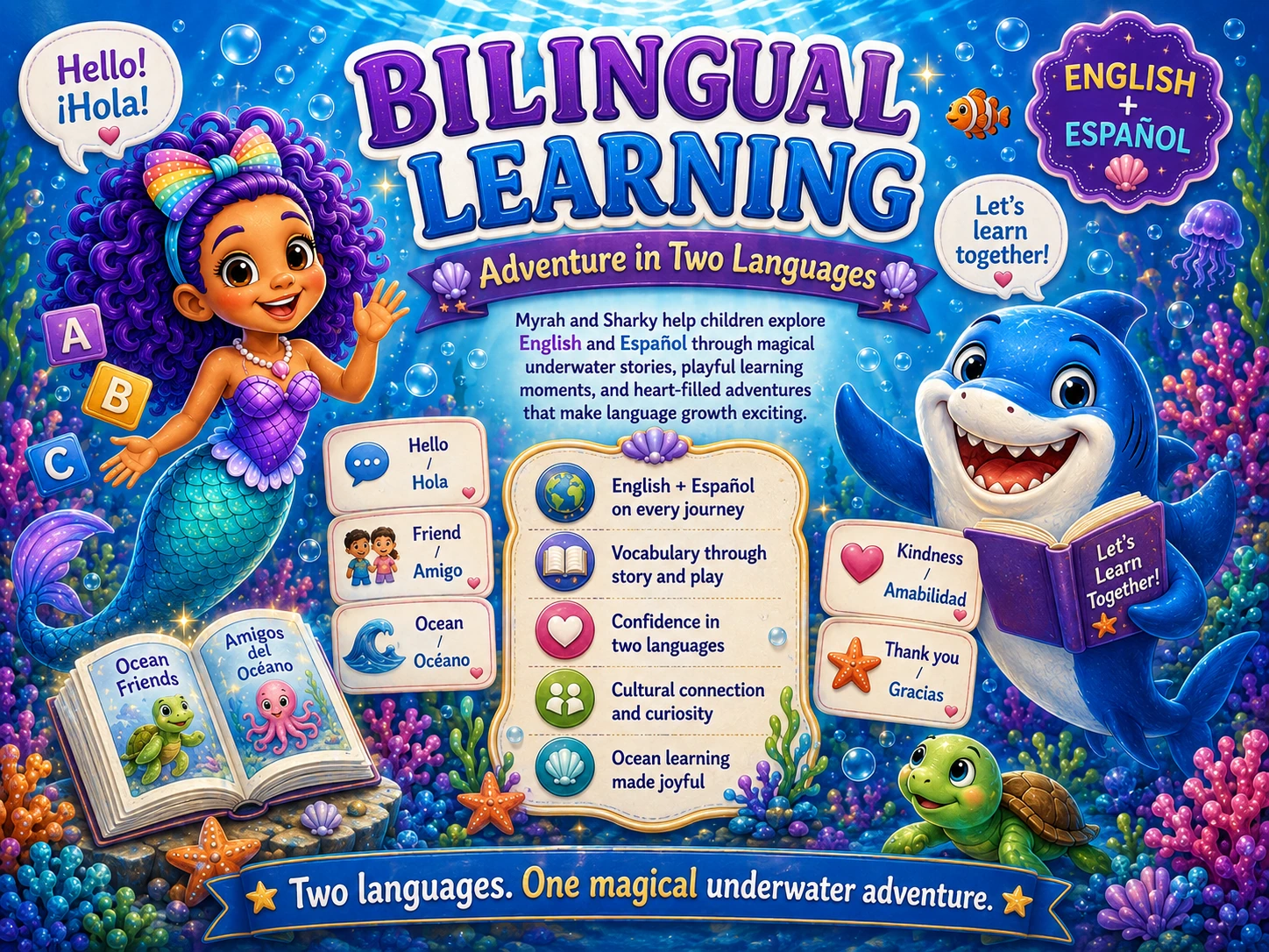 Myrah and Sharky bilingual learning in English and Spanish