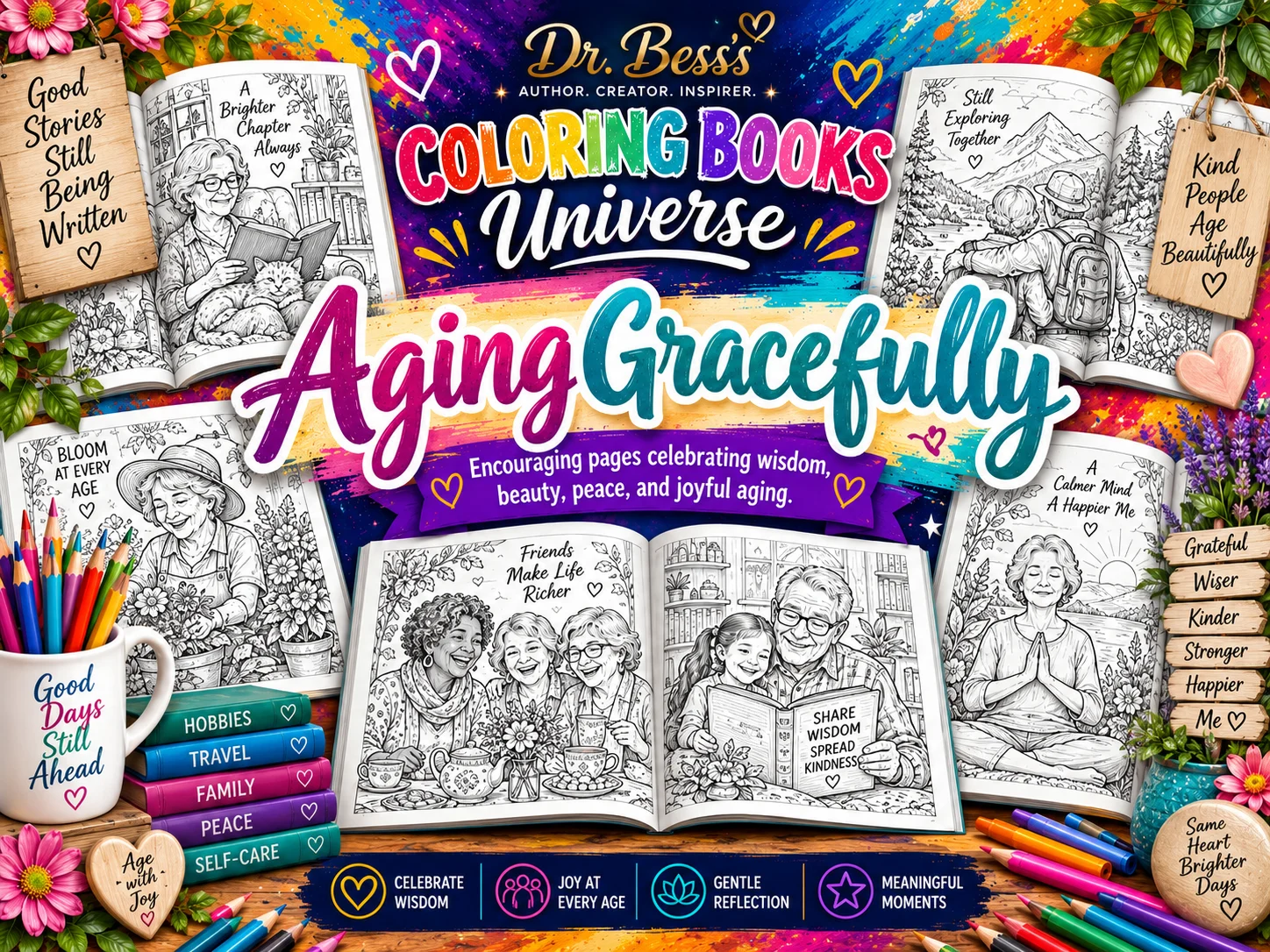 Aging Gracefully coloring books by Dr. Bess.
