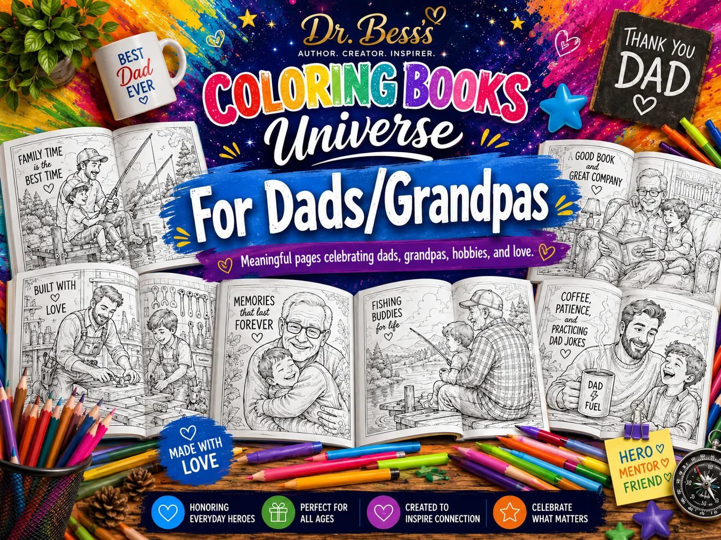 For Dads/Grandpas coloring books by Dr. Bess.