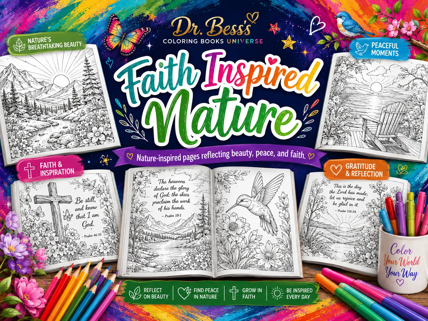 Faith Inspired Nature coloring books by Dr. Bess.
