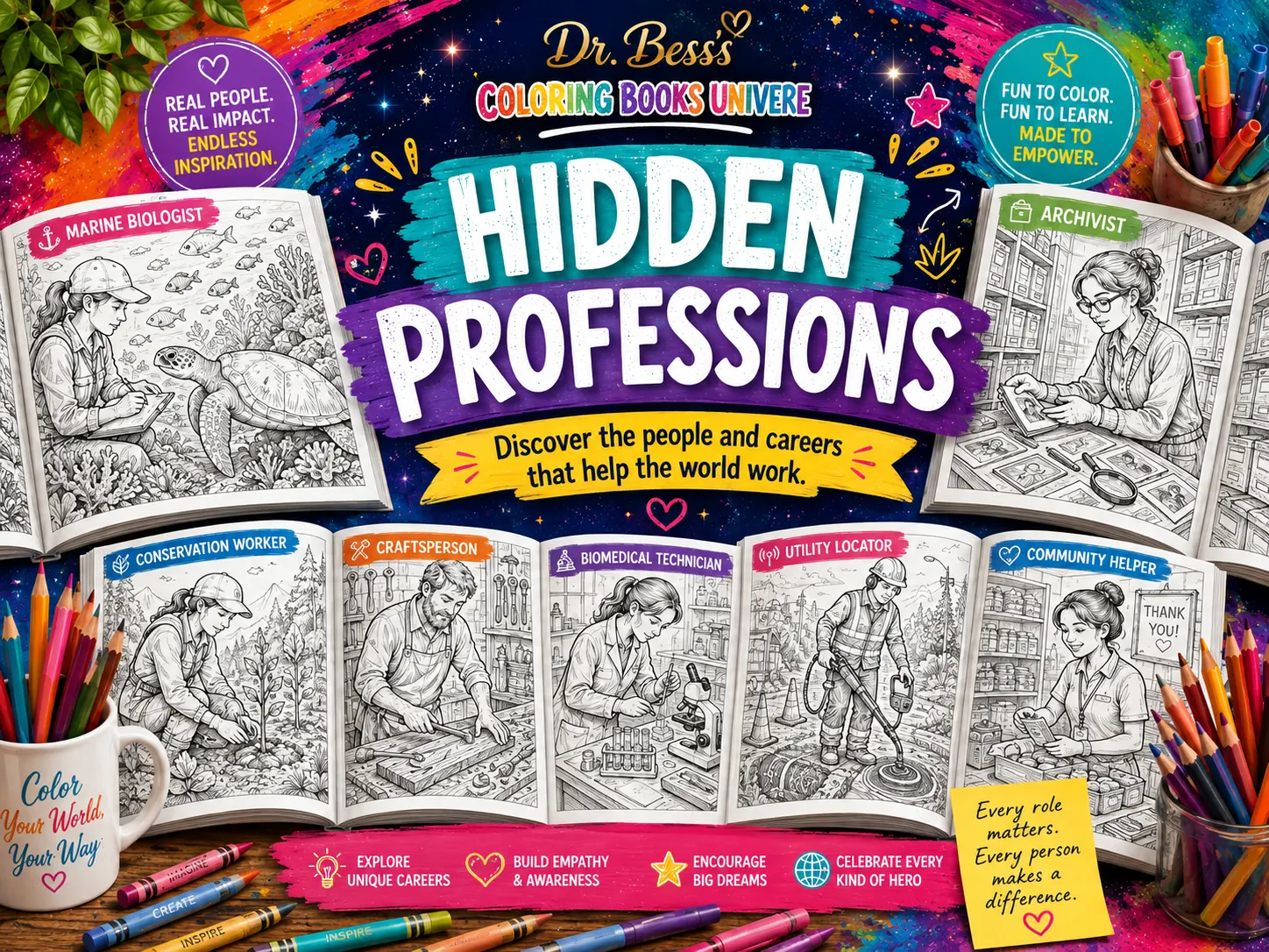 Hidden Professions coloring books by Dr. Bess.