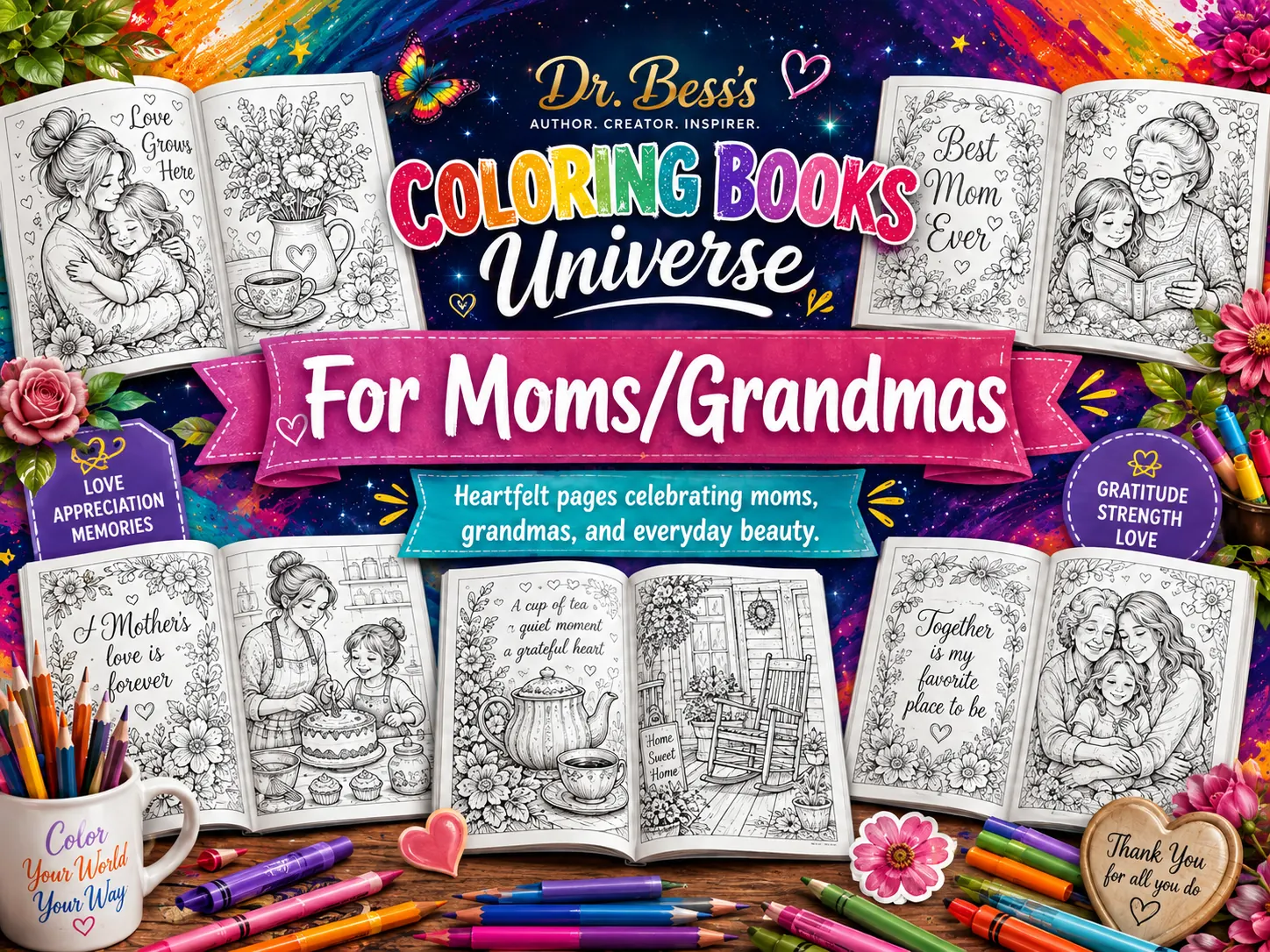 For Moms/Grandmas coloring books by Dr. Bess.