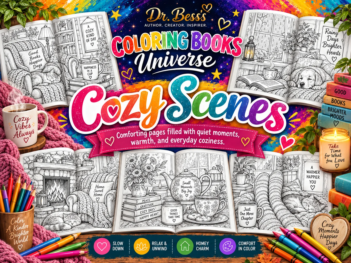 Cozy Scenes coloring books by Dr. Bess.