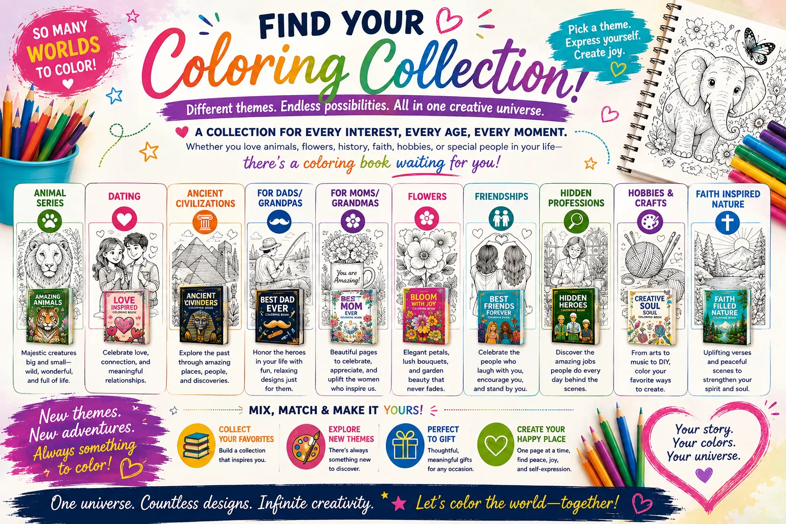 Find your coloring collection across 46 inspiring themes including animals, relationships, culture, family, faith, wellness, creativity, learning, nature, imagination, and everyday life.