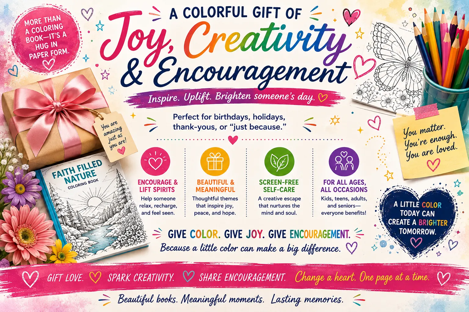 Coloring books as thoughtful gifts for birthdays, holidays, thank-yous, encouragement, self-care, and meaningful moments.