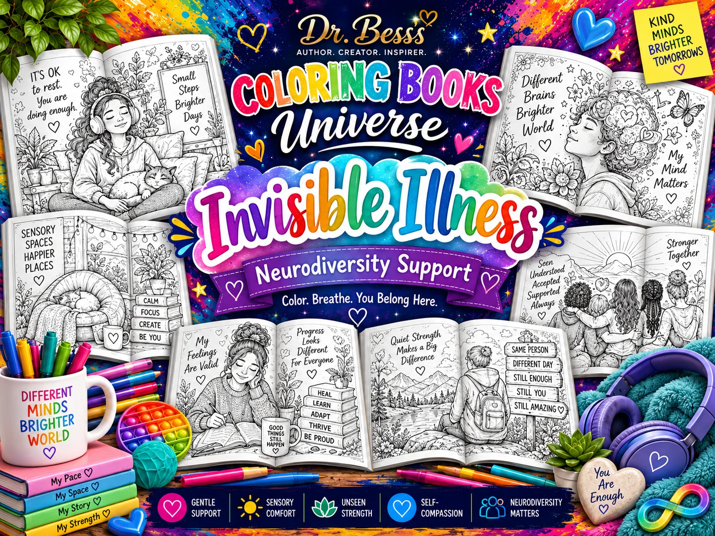 Invisible Illness Neurodiversity Support coloring books by Dr. Bess.