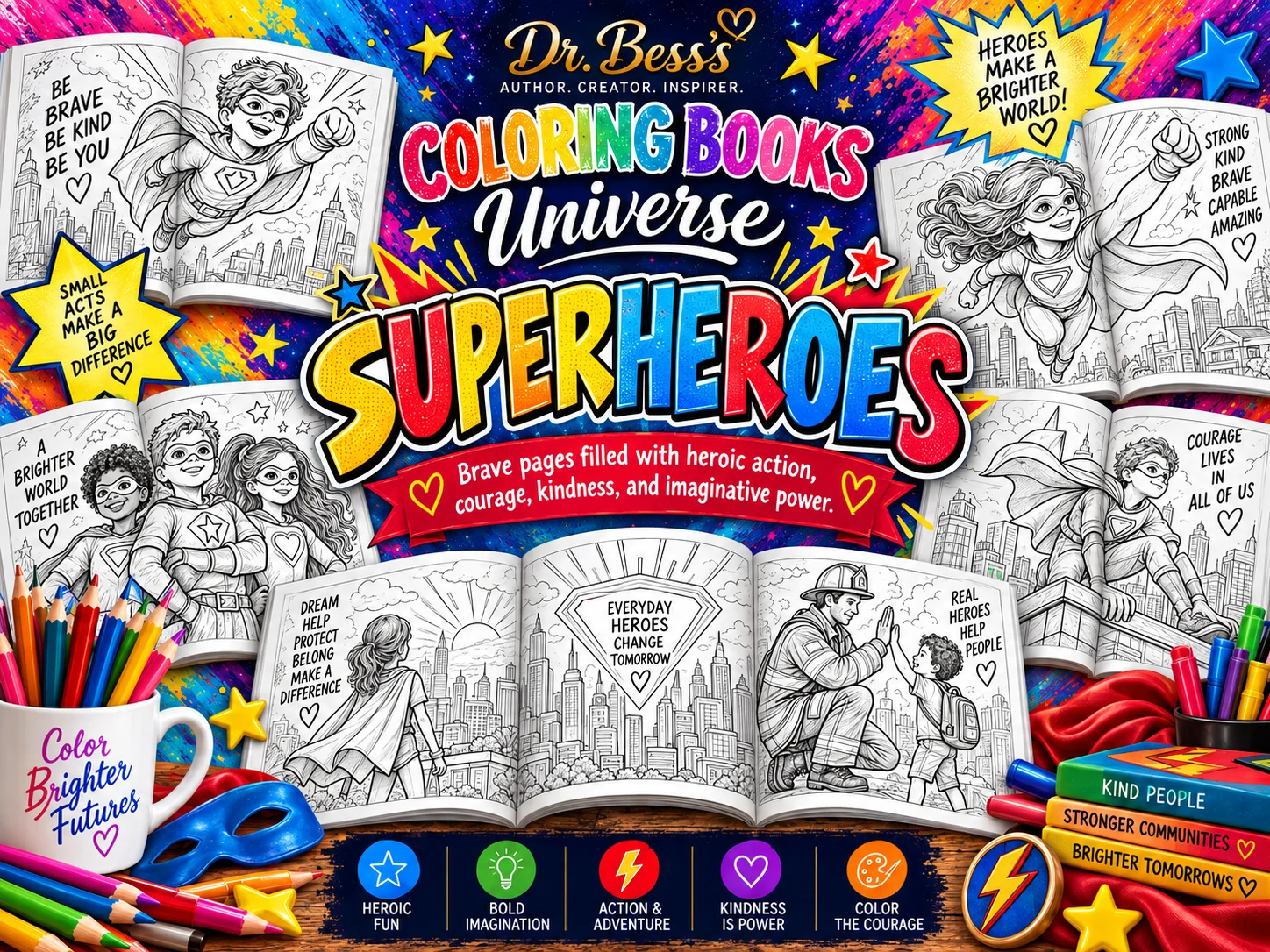 Superheroes coloring books by Dr. Bess.