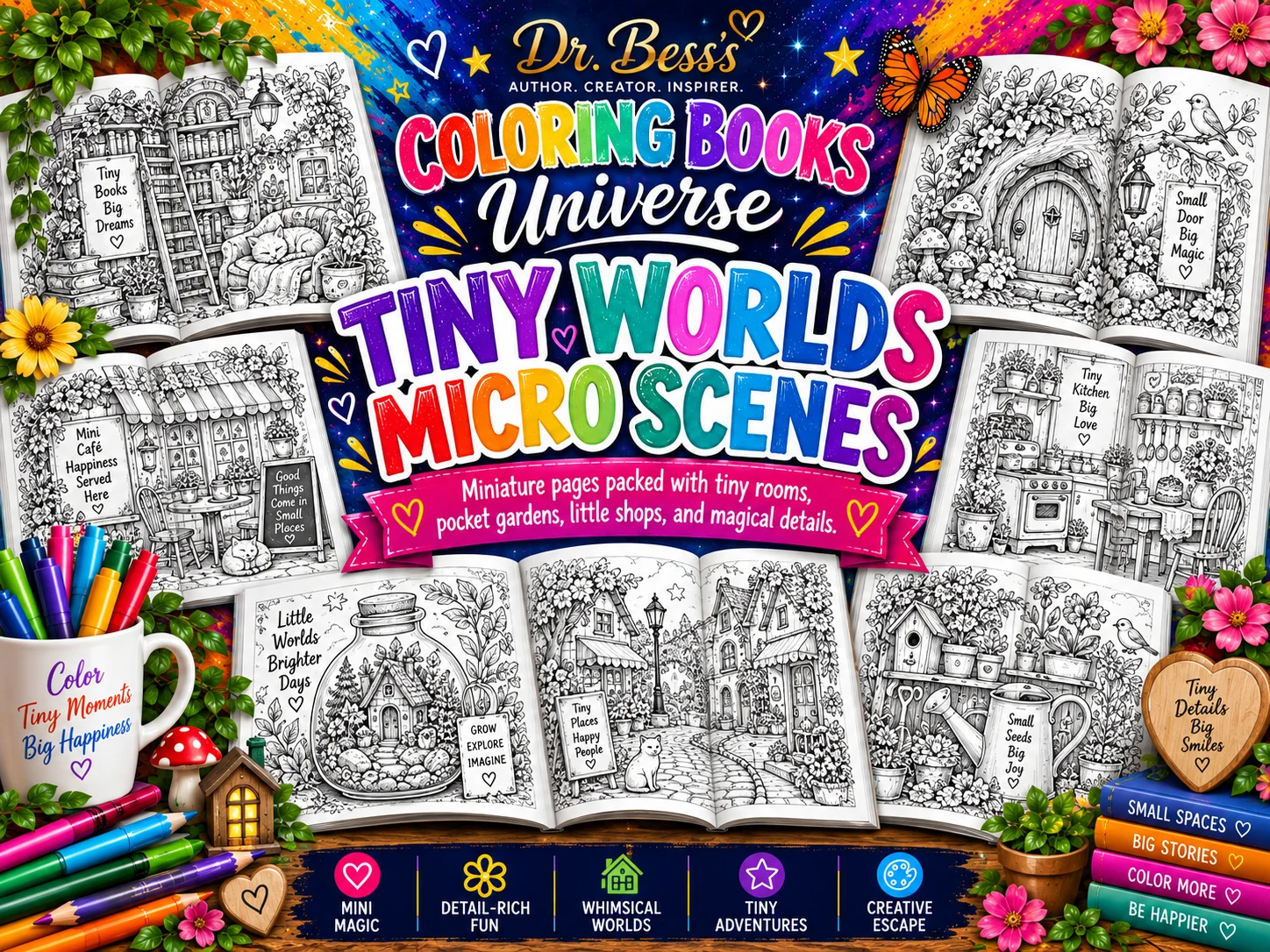 Tiny Worlds Micro Scenes coloring books by Dr. Bess.