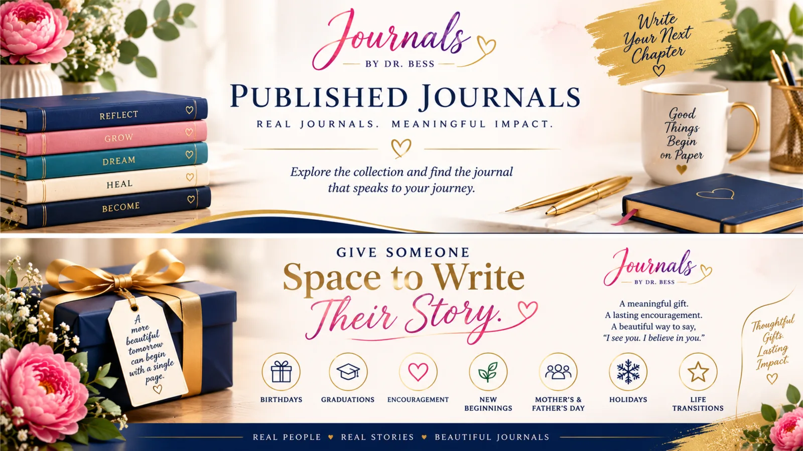 Give someone space to write their story — journals as meaningful gifts for birthdays, graduations, life transitions, encouragement, holidays, and any occasion.