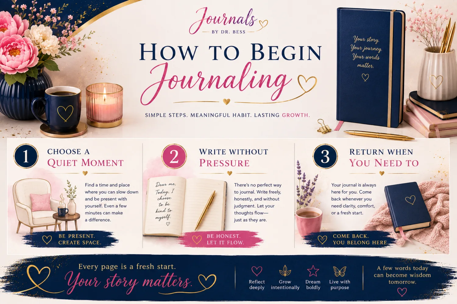 How to begin journaling: choose a quiet moment, write without pressure, and return when you need to.