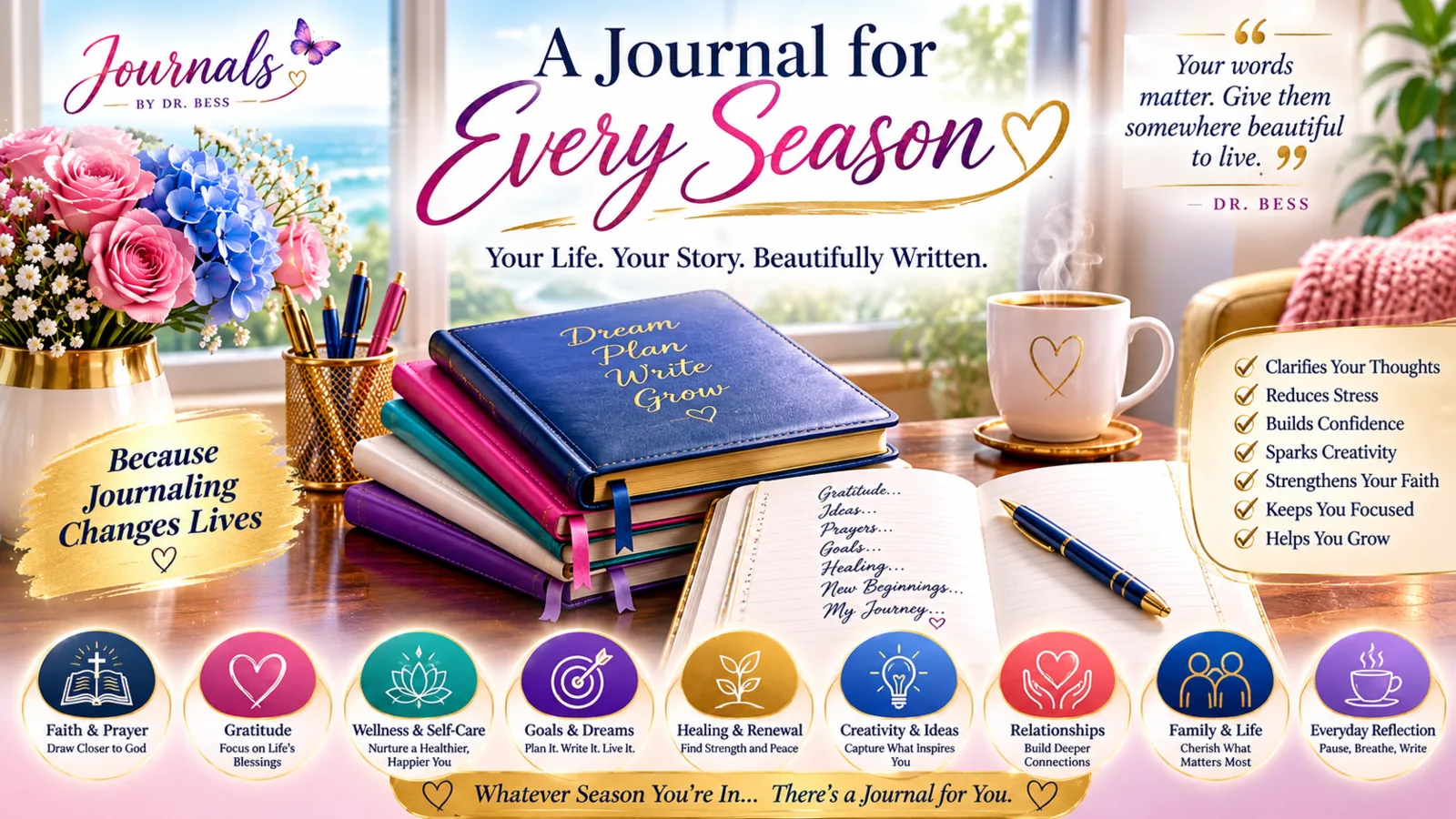 Journals by Dr. Bess — a journal for every season, for faith, gratitude, wellness, goals, healing, creativity, relationships, family life, and everyday reflection.