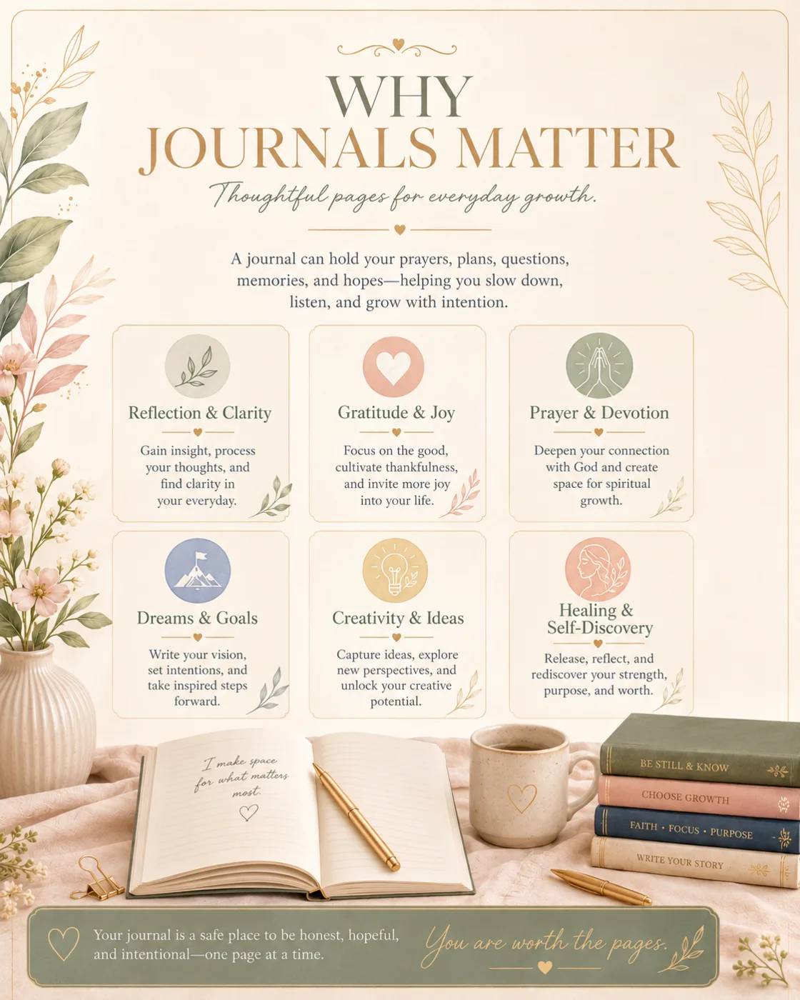 Why journals matter: reflection and clarity, gratitude and joy, prayer and devotion, dreams and goals, creativity and ideas, healing and self-discovery.
