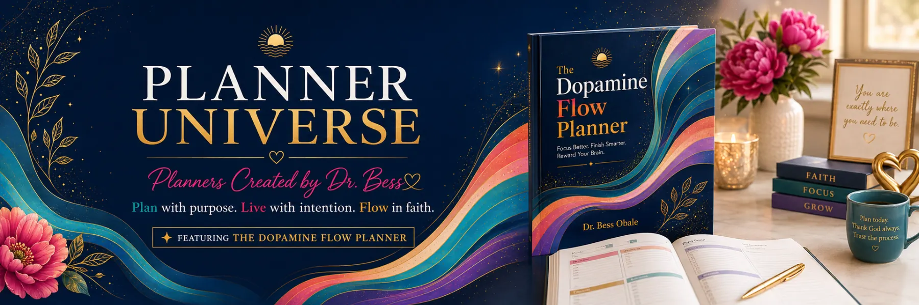 Dr. Bess Planner Universe — planners created by Dr. Bess, featuring The Dopamine Flow Planner. Plan with purpose, live with intention, flow in faith.